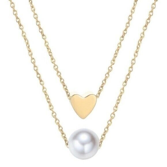 Gold Heart Pearl Layered 2 Pc Necklace Set Dainty - Picture 3 of 3